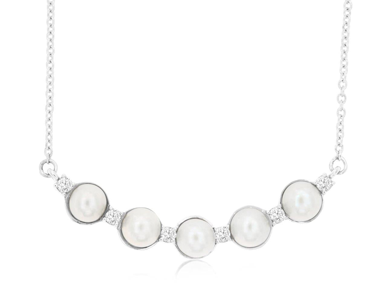 14k, White Gold, 5 Pearl, .10 carat total weight, Pearl & Diamond Necklace
