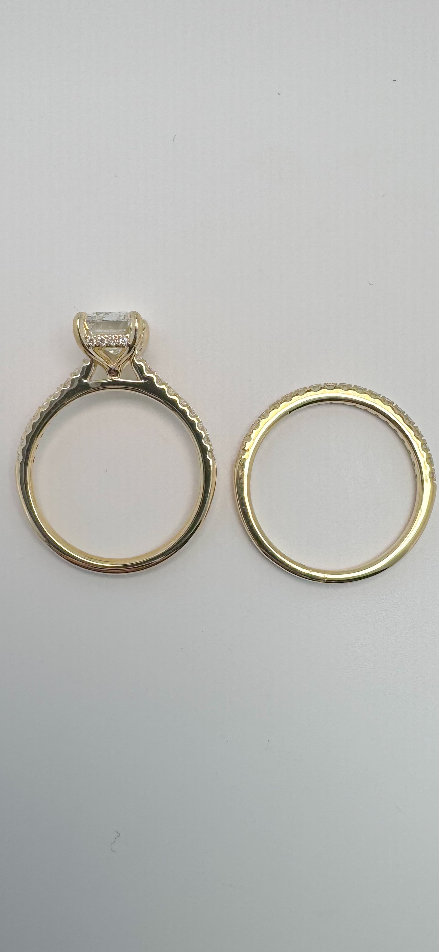 14K, yellow gold, lab grown, emerald cut wedding set.2.03 center diamond set with .52 side diamonds