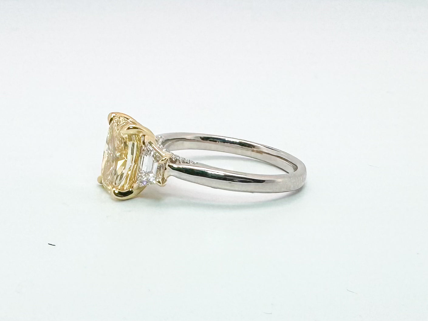 14k two tone 3.01 VS2 Fancy intense yellow lab grown diamond engagement ring set with .85 side diamonds