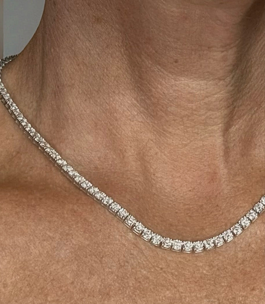 14k, white gold, 14.62 carat total weight lab grown diamond tennis necklace.