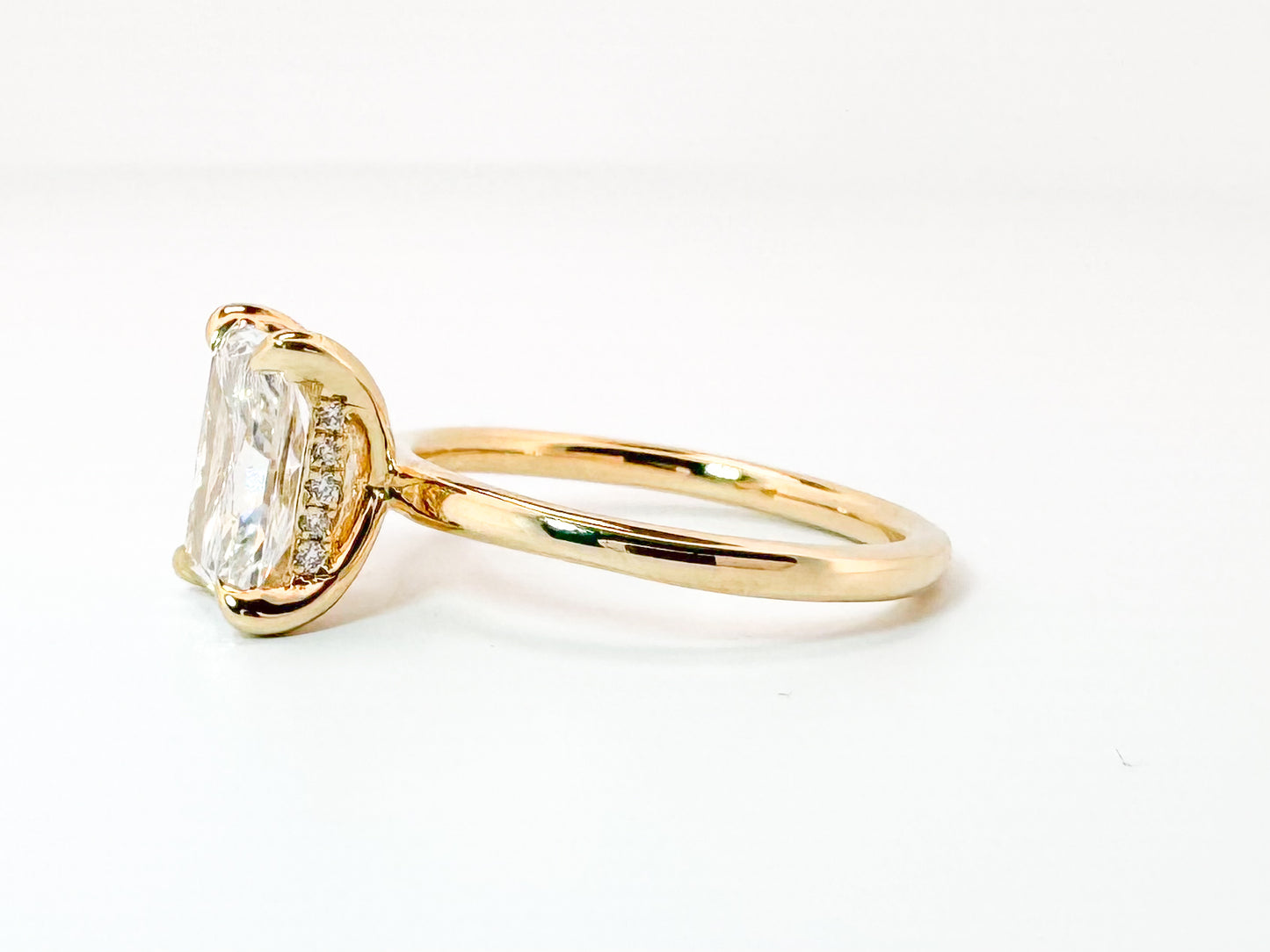 14K, Yellow gold, 2.09 radiant cut lab grown with .08 side diamond IGI Certified VS2 F