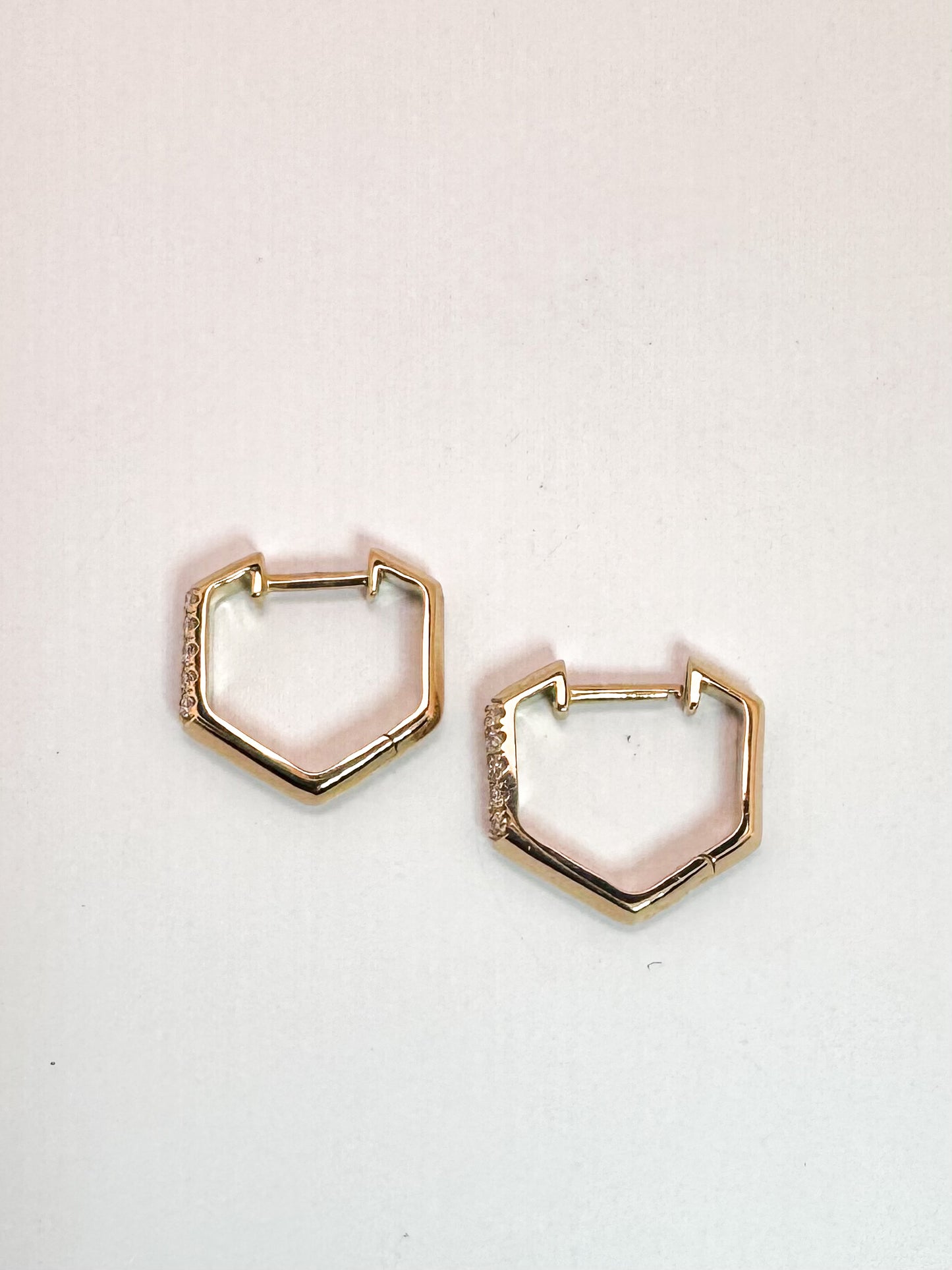 14K, Yellow gold, huggie, octogon, diamond earrings .17 diamond total weight.