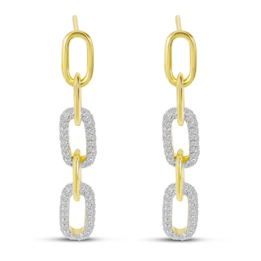 14k, two tone diamond dangle paper clip style earring,