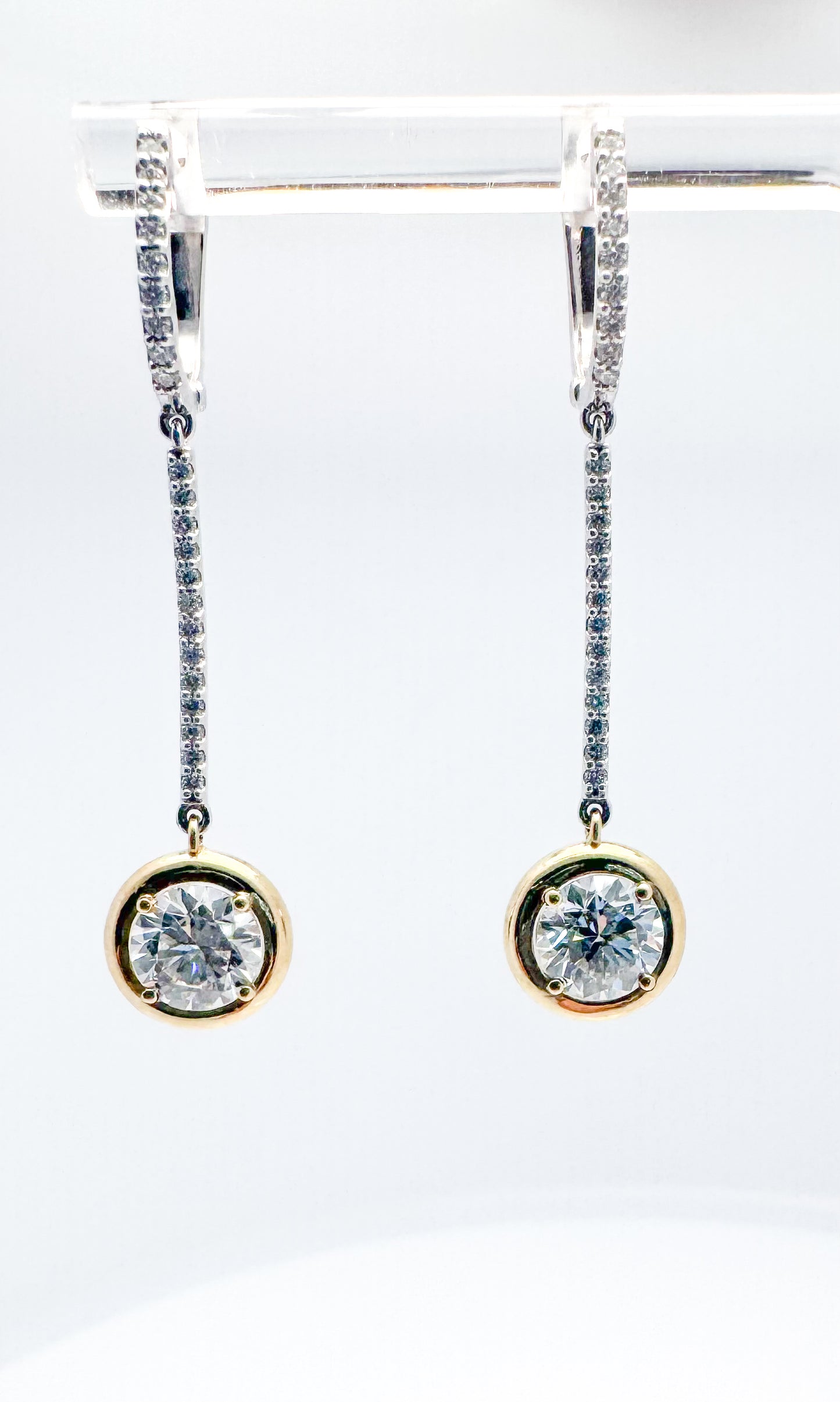 14K, yellow and white gold, 2.33 diamond total weight, Lab grown diamond dangle earrings.