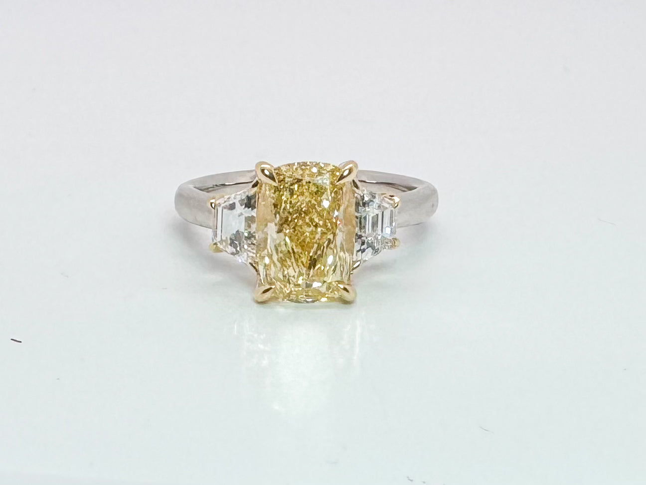 14k two tone 3.01 VS2 Fancy intense yellow lab grown diamond engagement ring set with .85 side diamonds