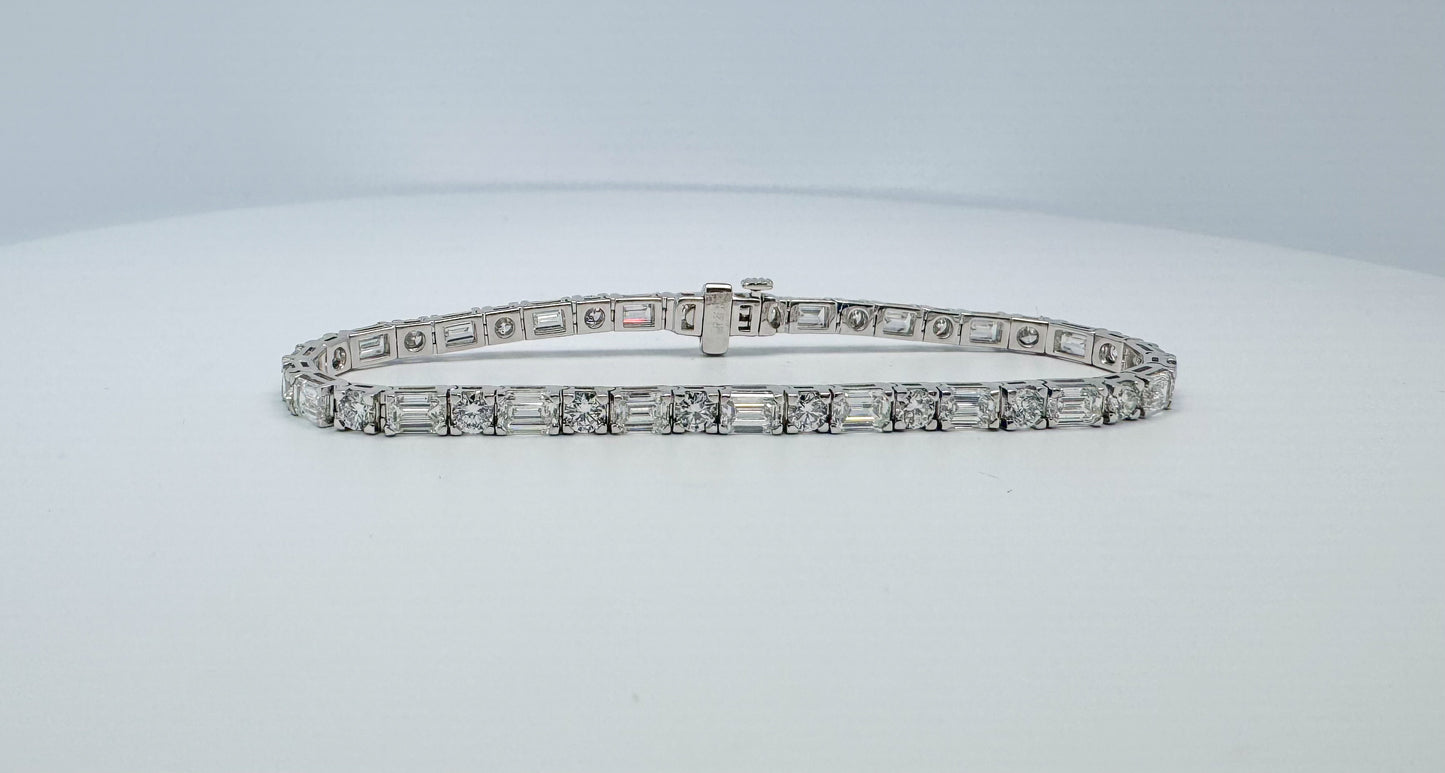 14K white gold Emerald cut & Round brilliant lab grown diamond tennis bracelet. 6.45 carat total weight