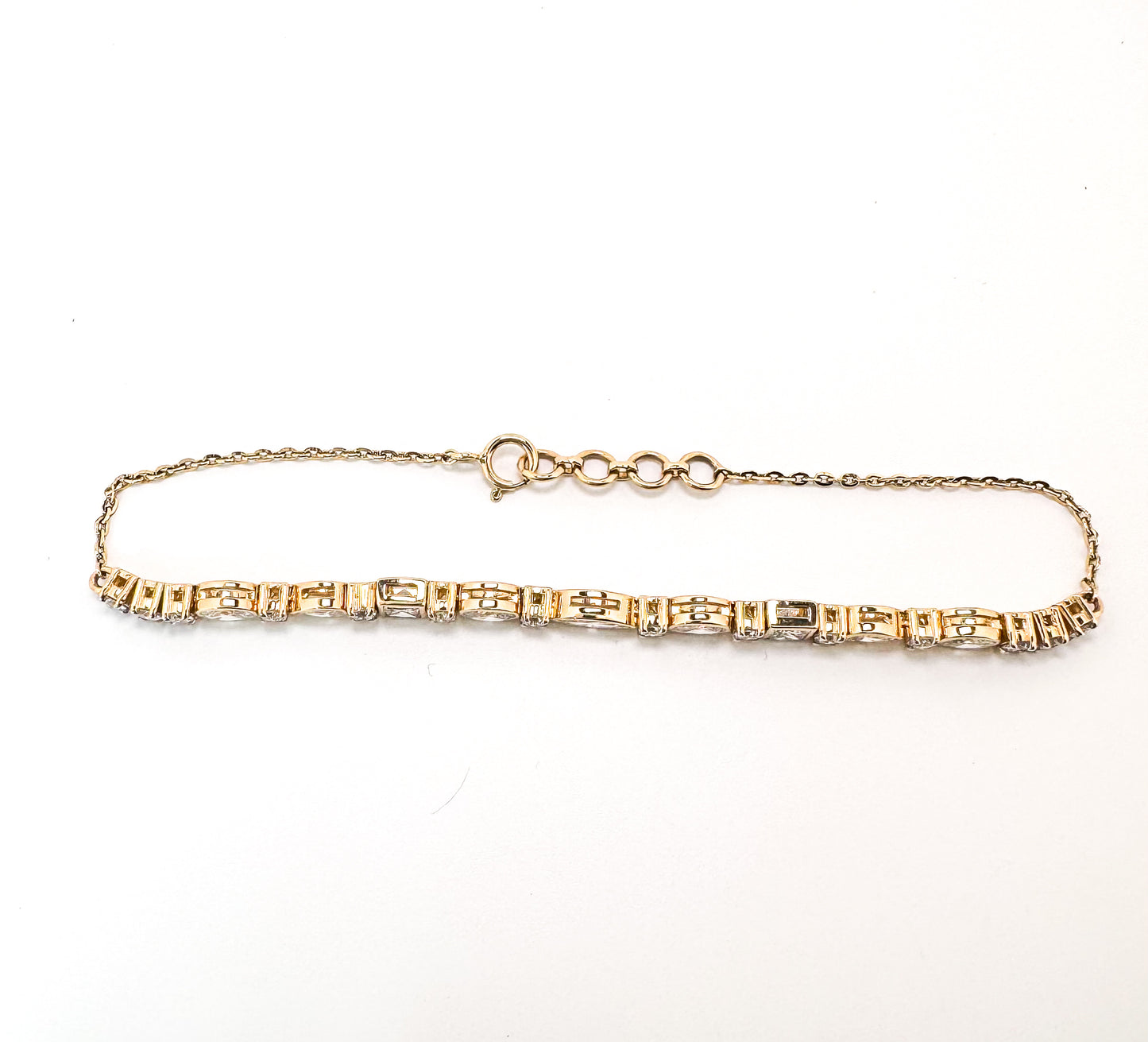 14K, yellow gold, Multi shape, lab grown diamond tennis bracelet. 1.93 carat total weight.