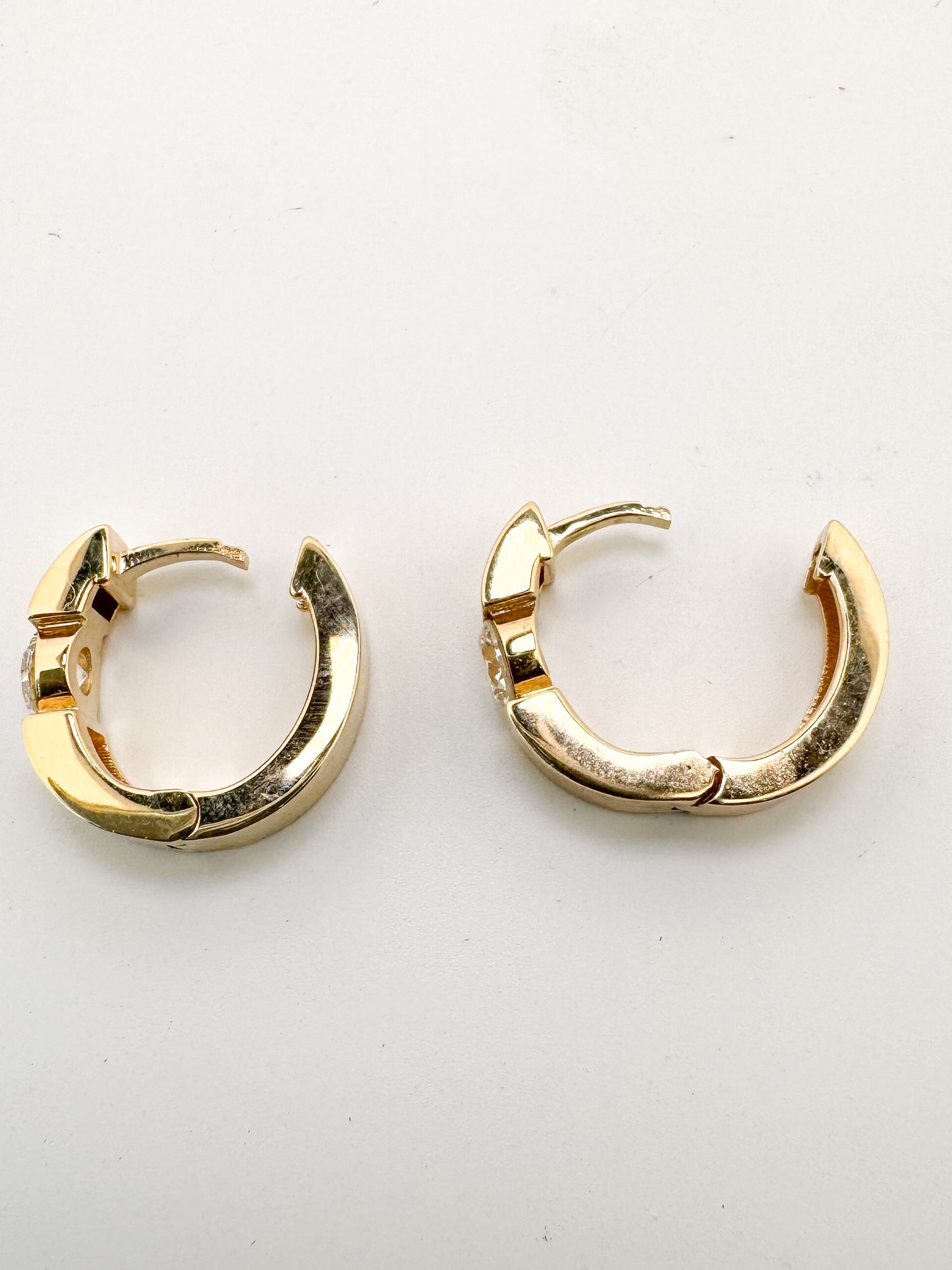 14k, Yellow gold .83 diamond total weight, squared off, diamond hoop.