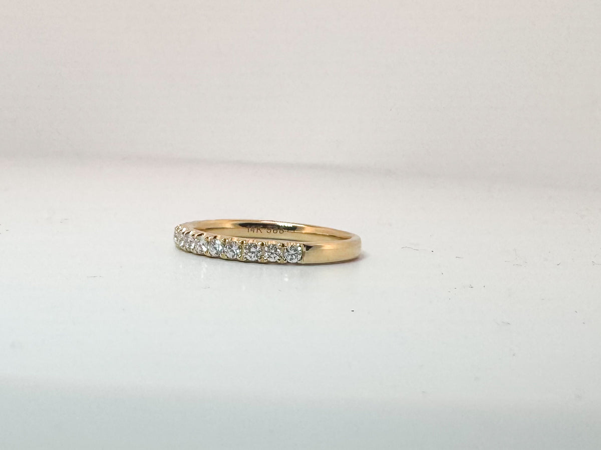 14K, yellow gold, french pave , natural diamond band. .35 diamond total weight.