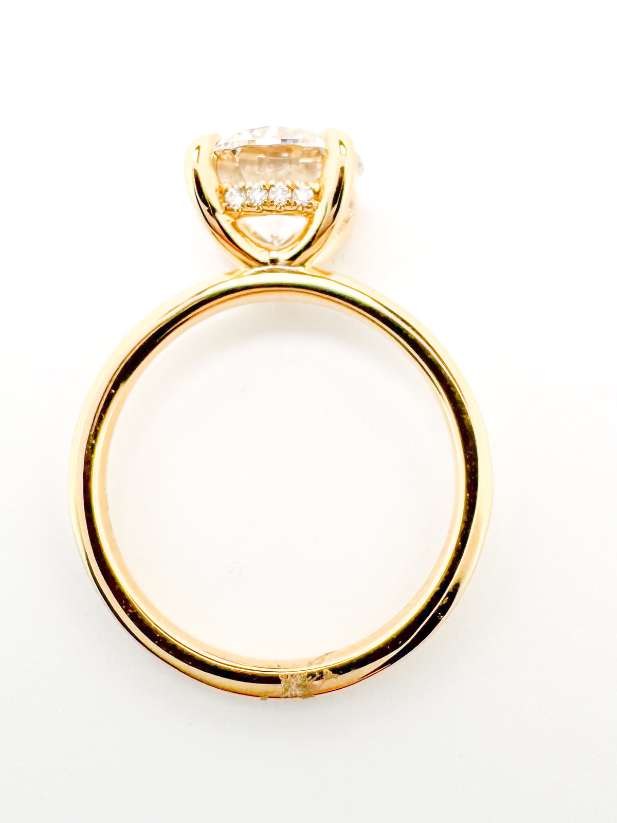 14K, Yellow gold 3.02 carat VS1 E ideal cut, lab grown set with .09 carat hidden halo, IGI certified