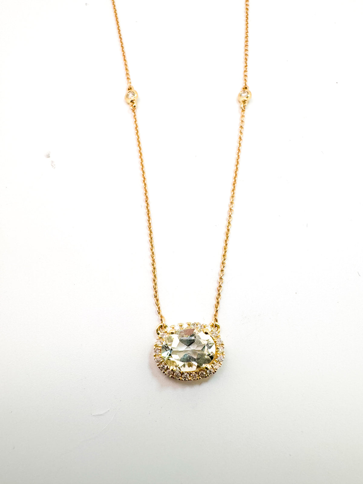 14k, Yellow gold, green amethyst and diamond pendant.