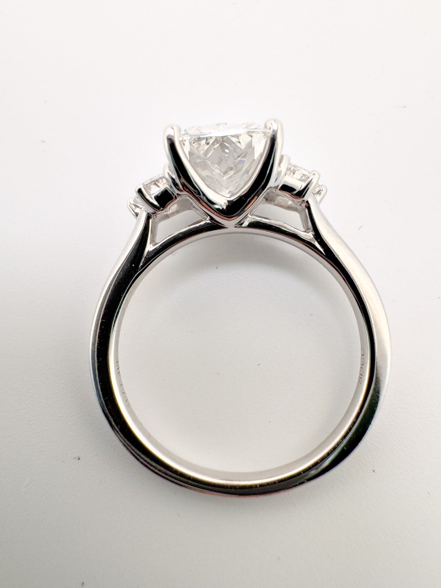14kw 2.54 lab grown  cushion cut center , set with .54 total weight Epaulette cut side diamonds.