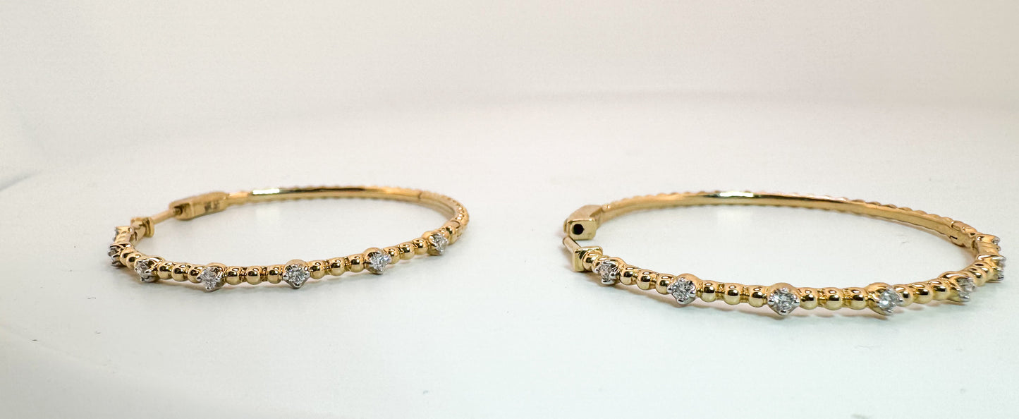 14K, yellow gold, beaded, diamond hoop earrings. .25 carat total weight