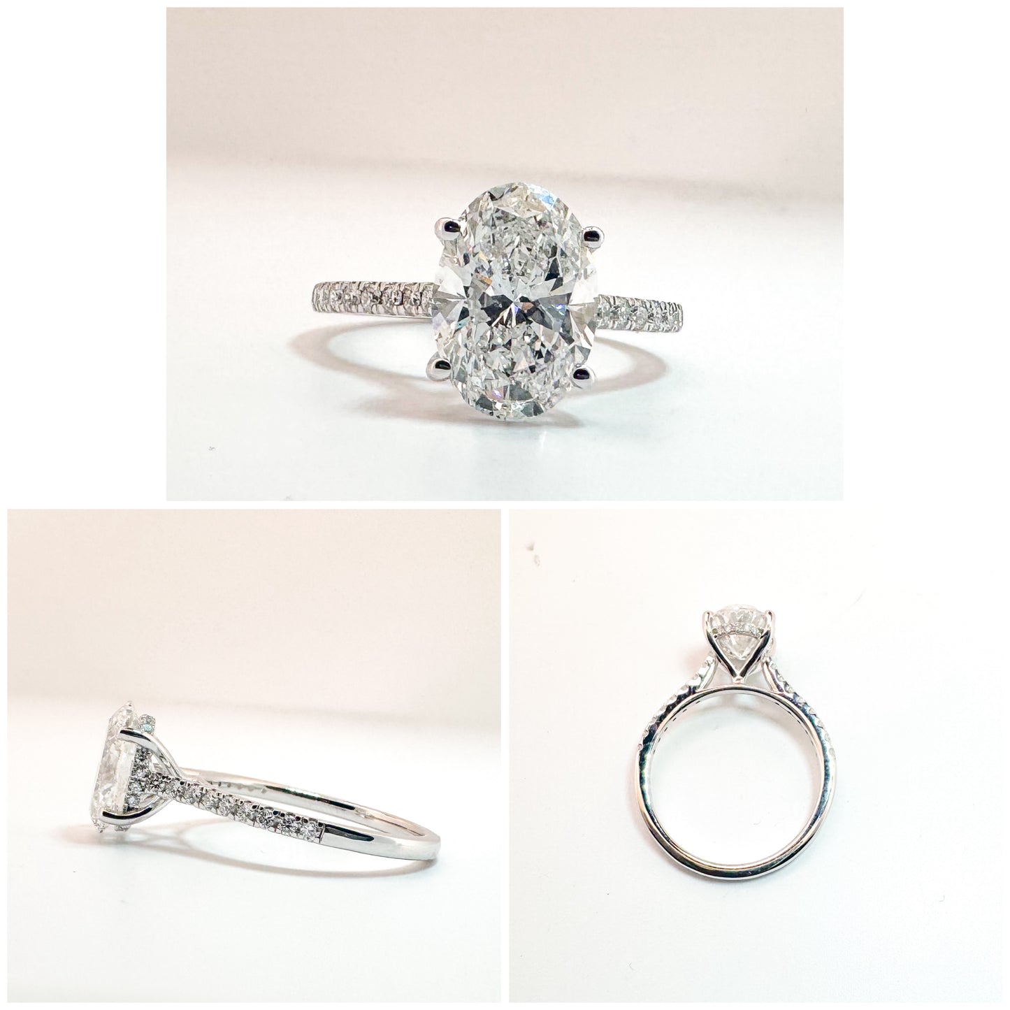 14K, white gold, 2.50 carat lab grown oval set with .29 carats of sde diamonds. IGI certified