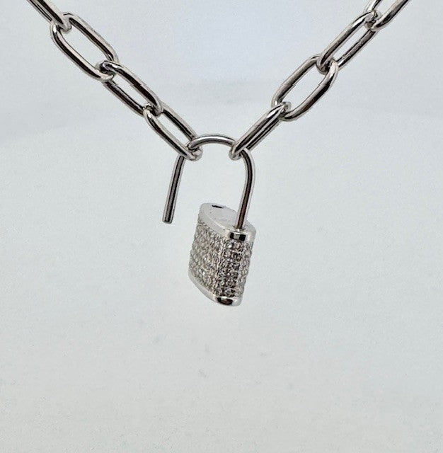 14k white gold diamond lock necklace and chain