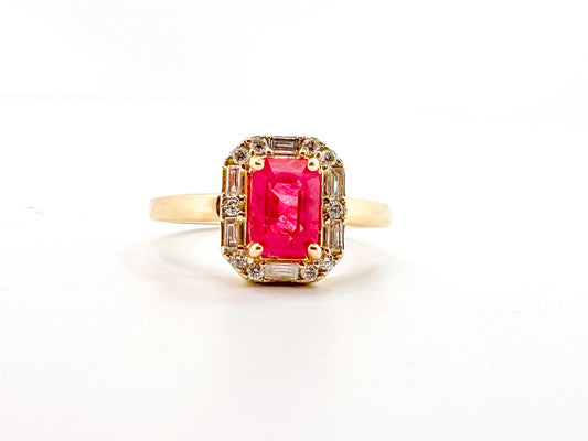 14k, yellow gold, .19 carat of natural diamonds, 1.10 carat natural Ruby.