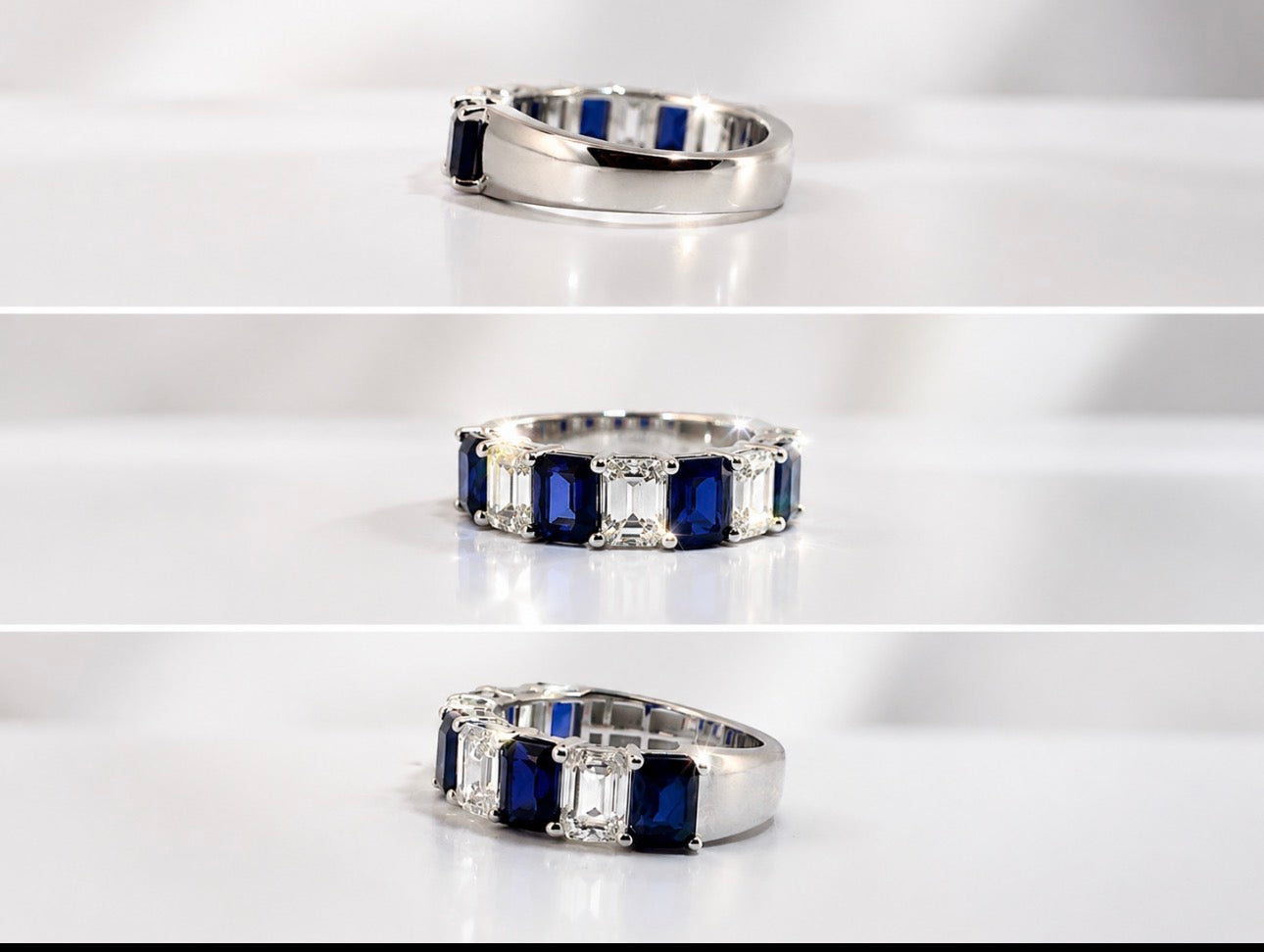 14K, White gold, lab grown sapphire and diamond, emerald cut band.