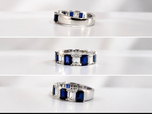 14K, White gold, lab grown sapphire and diamond, emerald cut band.