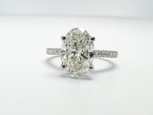 14k white gold lab grown diamond engagement ring 3.11 carat oval center with .17 carat side diamonds