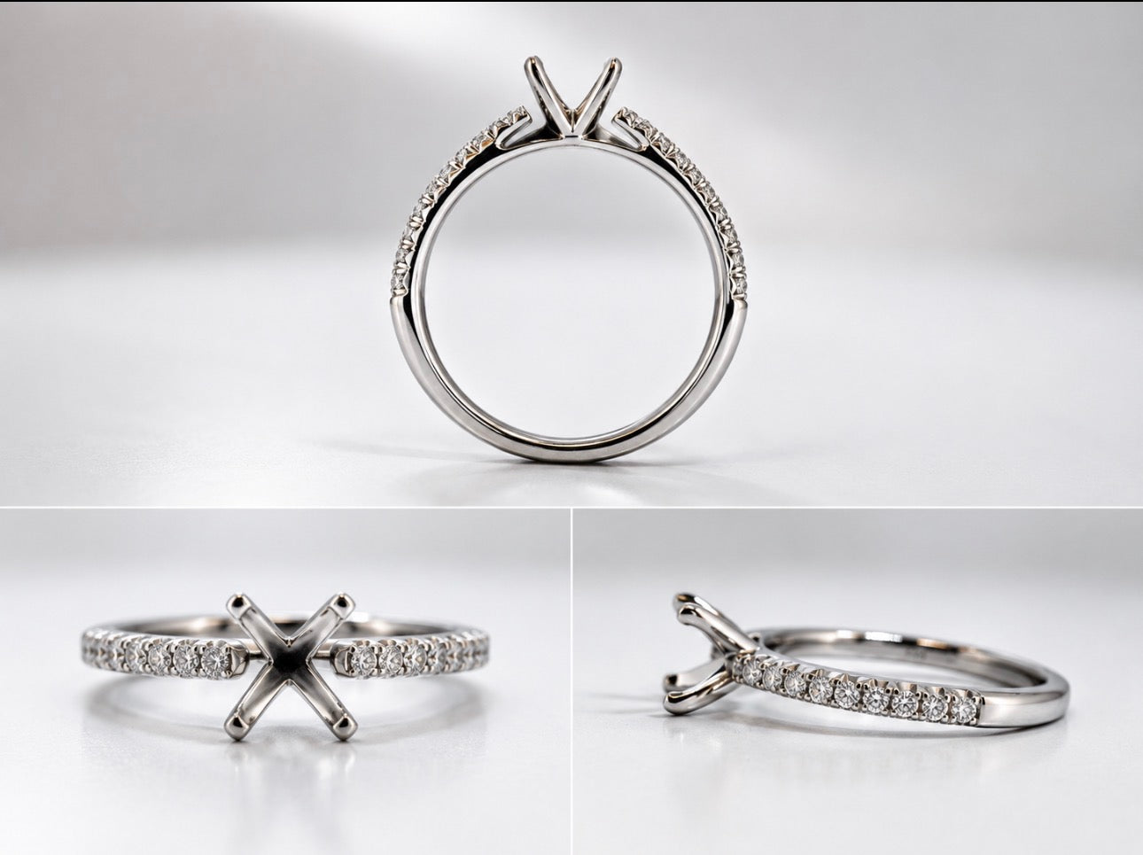 14k, white gold, .25 diamond total weight, cathedral semi mount for a 5.0-5.5mm round brilliant.