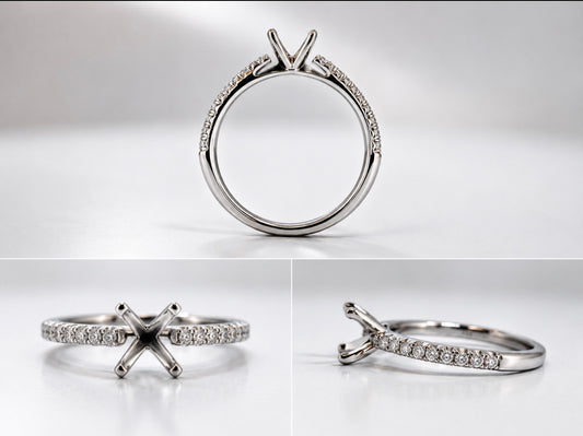 14k, white gold, .25 diamond total weight, cathedral semi mount for a 5.0-5.5mm round brilliant.