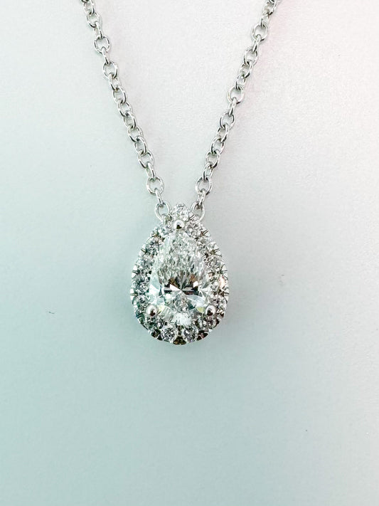 14K, white gold, lab grown pear shaped diamond pendant .42 carat total weight