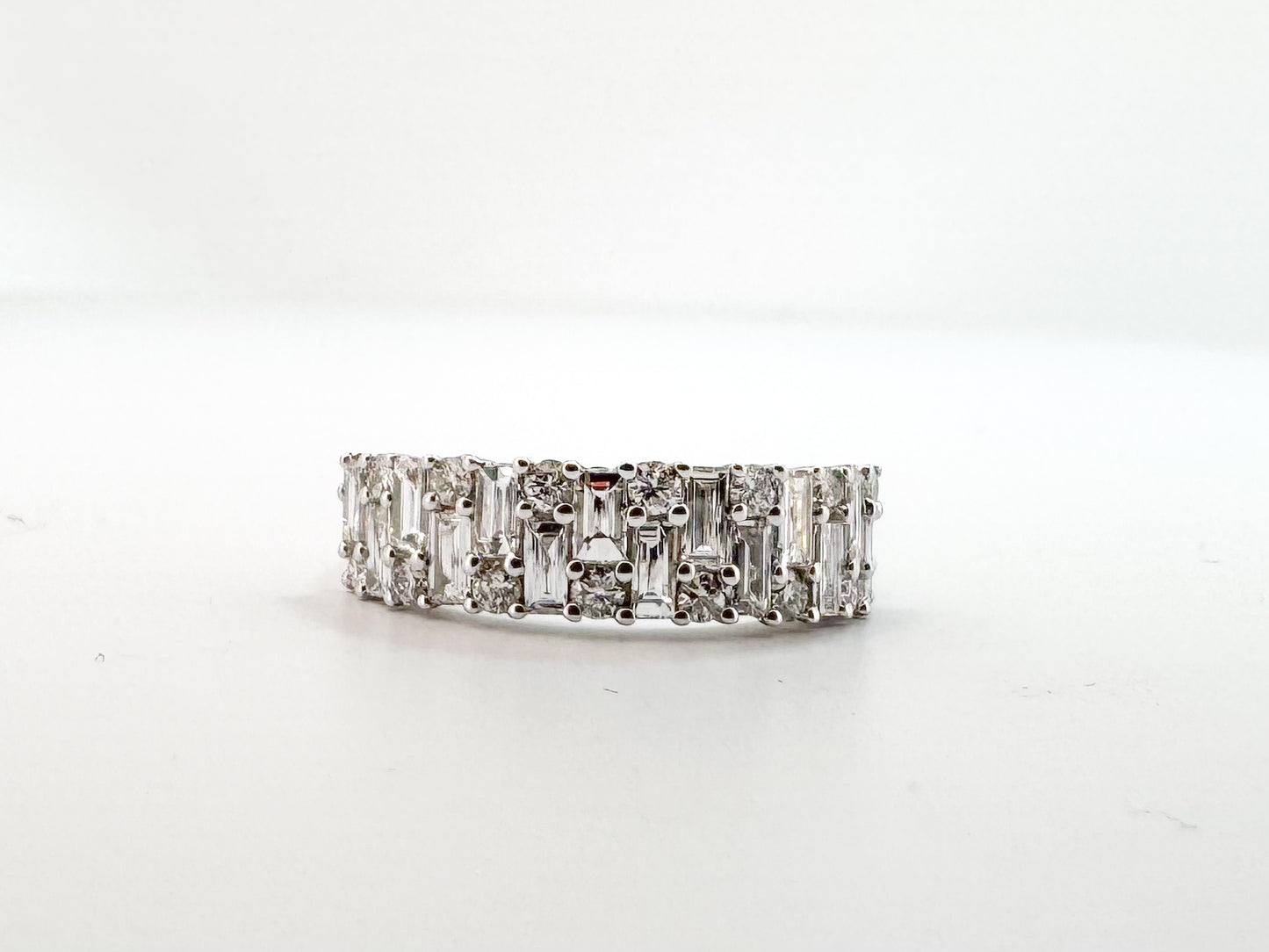 14k, white gold, 1.03 diamond total weight, baguette and round brilliant band.