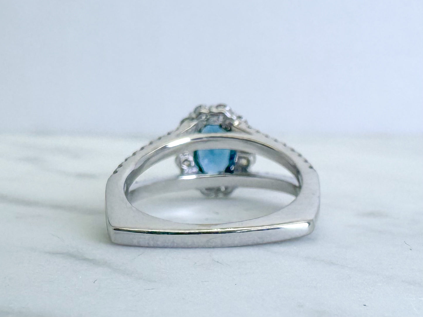 14k, white gold, halo, london blue topaz fashion ring