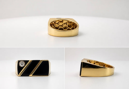 14K, Black onyx and natural diamond men's ring.