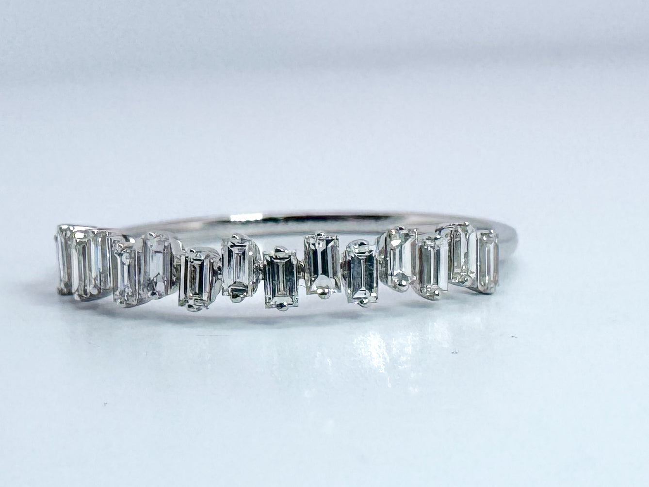 14K, white gold gold, staggard baguette, natural diamond band.
