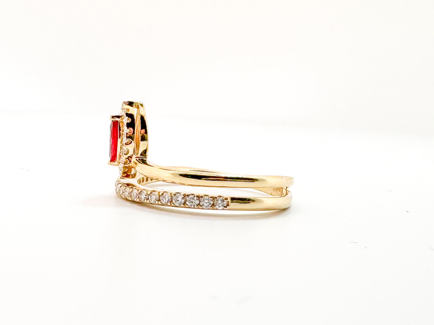 14K, yellow gold, .32 carat natural ruby with .18 carats of side diamonds.