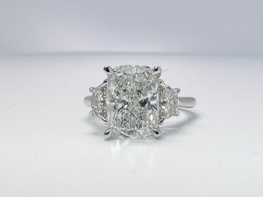 Lab grown diamond engagement ring  4.04 ct cushion center with Half moon side diamonds