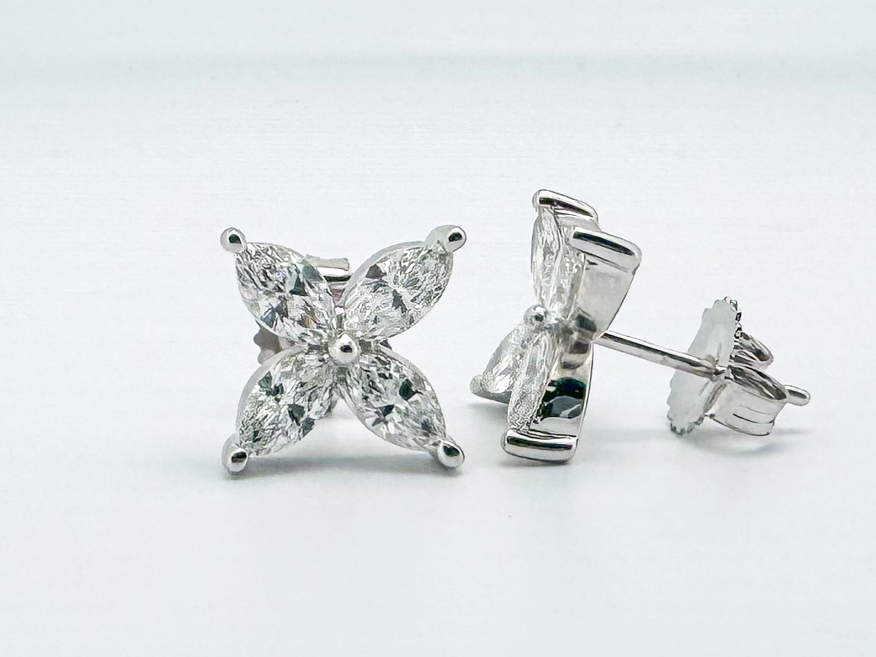 14k, White gold, Lab grown, marquise diamond flower earrings. 1.75 carat total weight.