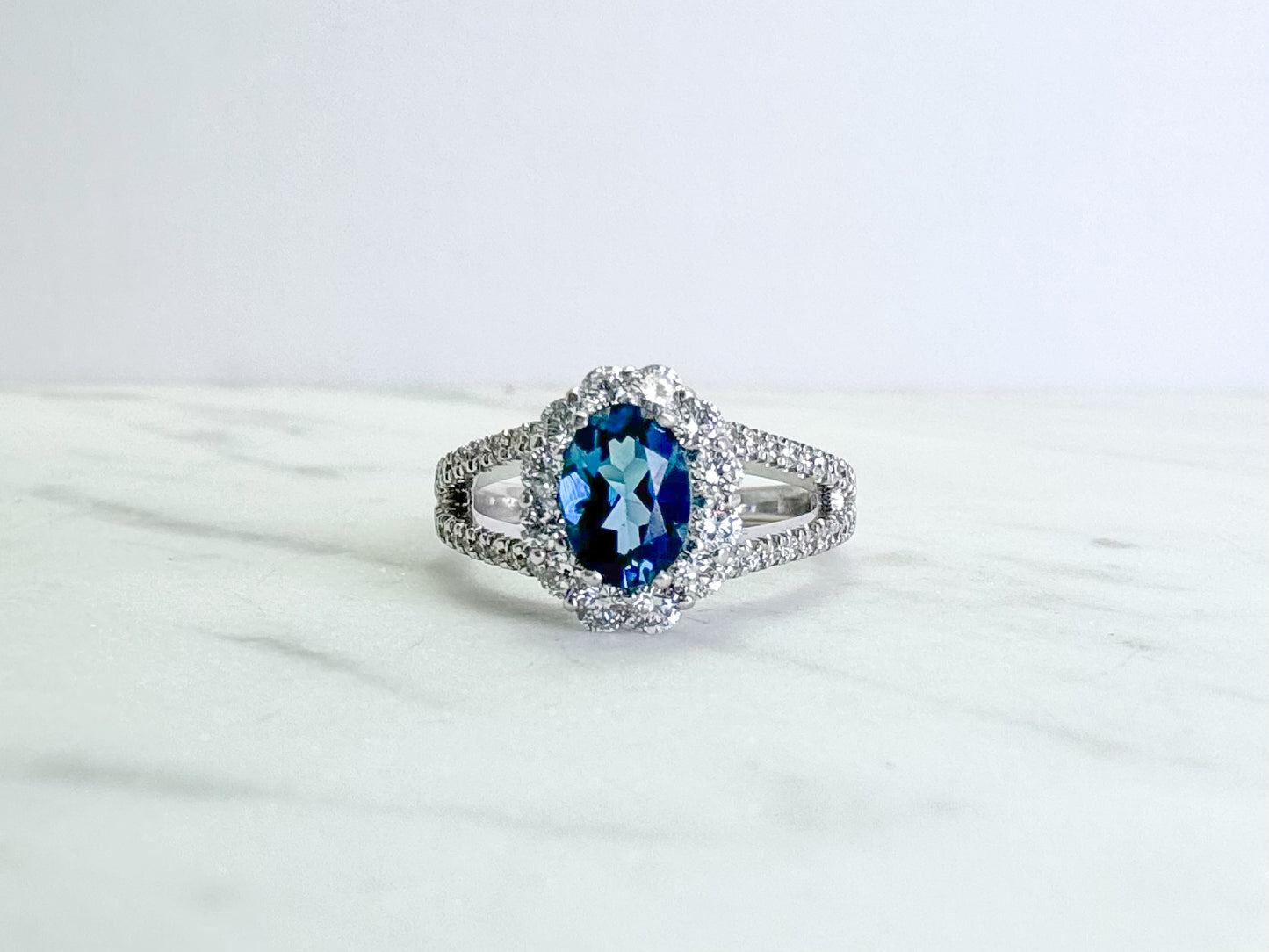 14k, white gold, halo, london blue topaz fashion ring