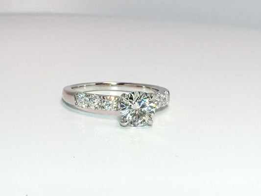 14K white gold lab grown diamond engagement ring. 1.00 center with .49 side diamonds. VS2 F