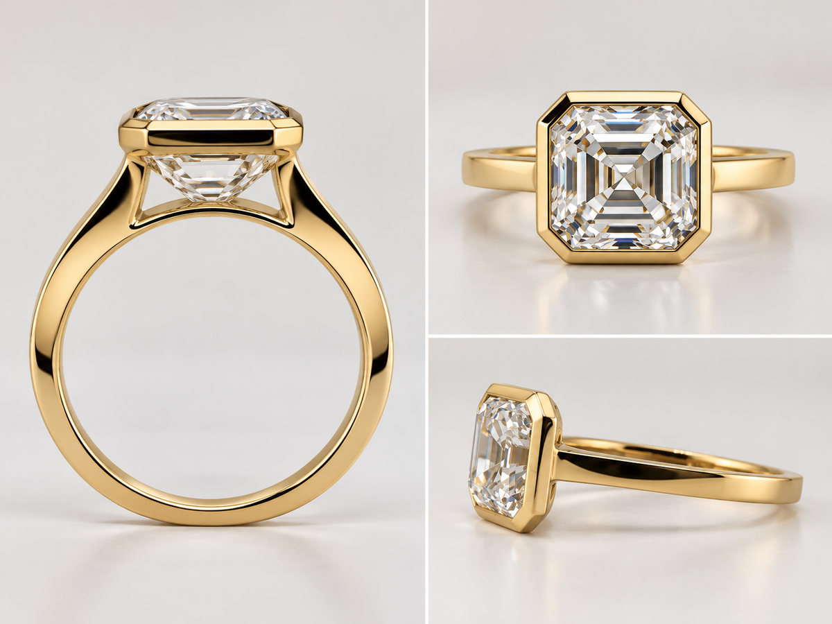 18K, yellow gold, 4.00 carat, VS1 F, Lab grown asscher cut diamond engagement ring.