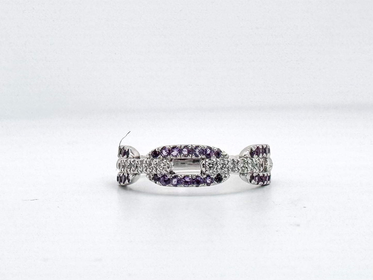 14K, white gold Amethyst and diamond chain ring.