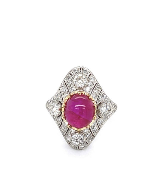 4.11 Carat no heat, Burmese star ruby, 1.80 side diamonds set in platinum. Art Deco, GIA certified