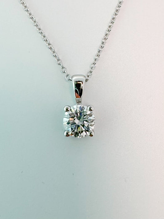 14k, white gold lab grown diamond solitaire pendant. .75 carat