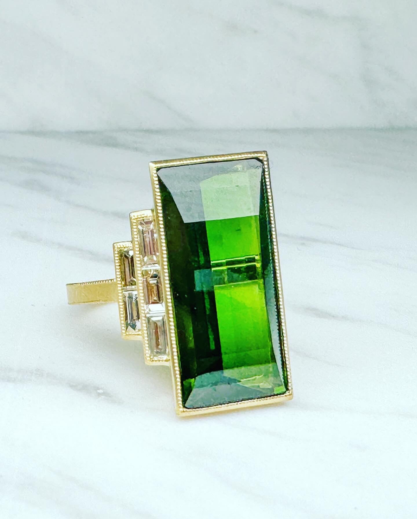 18k, Art Deco custom tourmaline and diamond fashion ring.