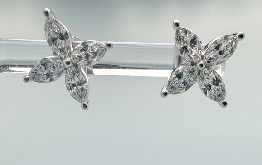 14k, White gold, Lab grown, marquise diamond flower earrings. 1.75 carat total weight.