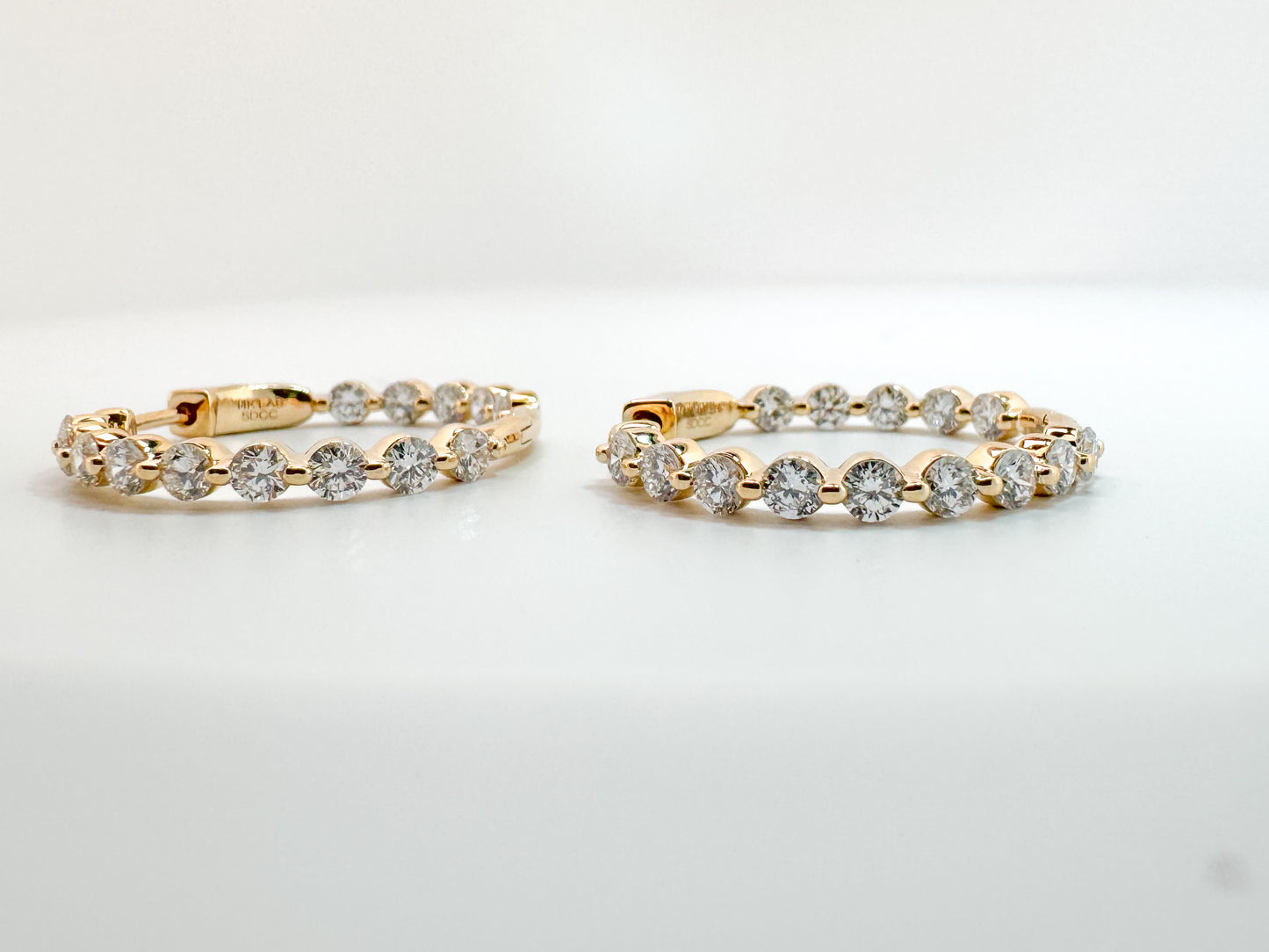 14K, Yellow gold, inside out, lab grownb diamond hoop earrinbgs. 2.00 carat total weiht.