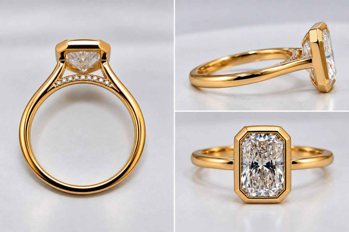 14K, Yellow gold, 2.03 carat , lab grown, radiant cut, set with .10 side diamonds. IGI certified.