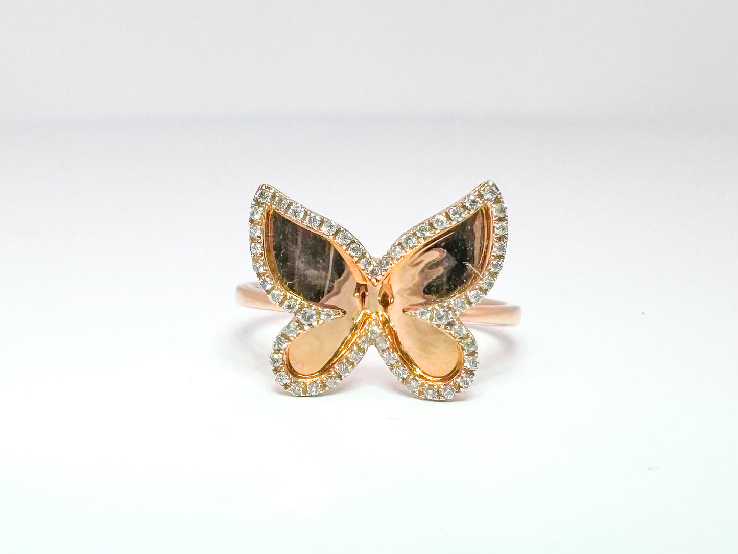 14k rose gold diamond butterfly ring with .25 dtw side diamond