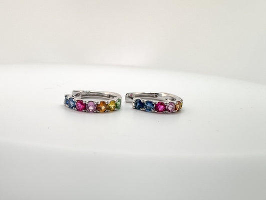 14K, white  1.80  carat total weight, natural,  rainbow sapphire hoop earrings