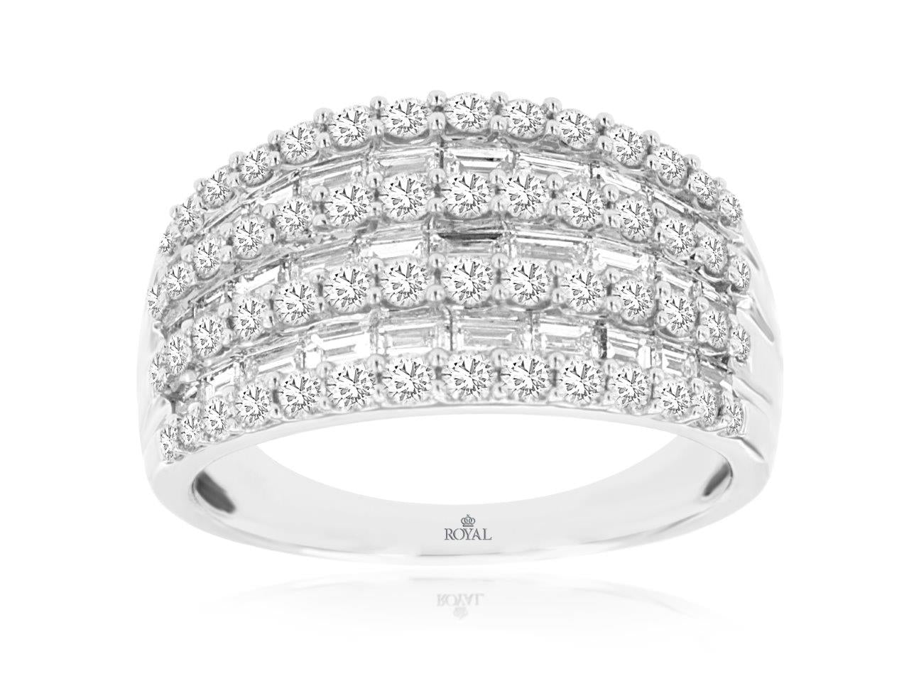 14K, white gold, baguette and round diamond band. 1.50 carat total wieght. Natural diamond.