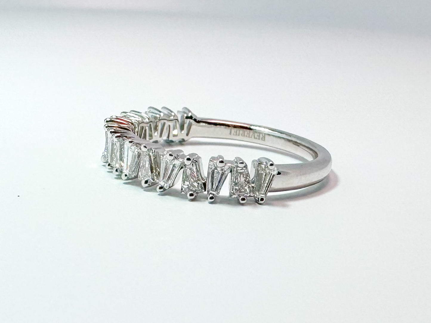 14K,white gold jagged, lab grown baguette diamond band. .78 carats VS2 G