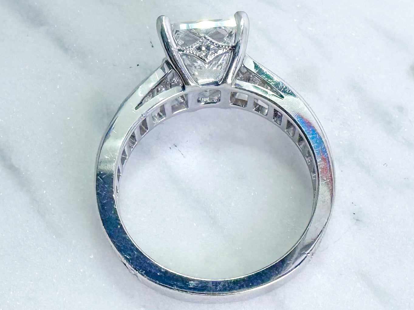 Custom designed, Princess cut and French cut  diamond engagement ring.