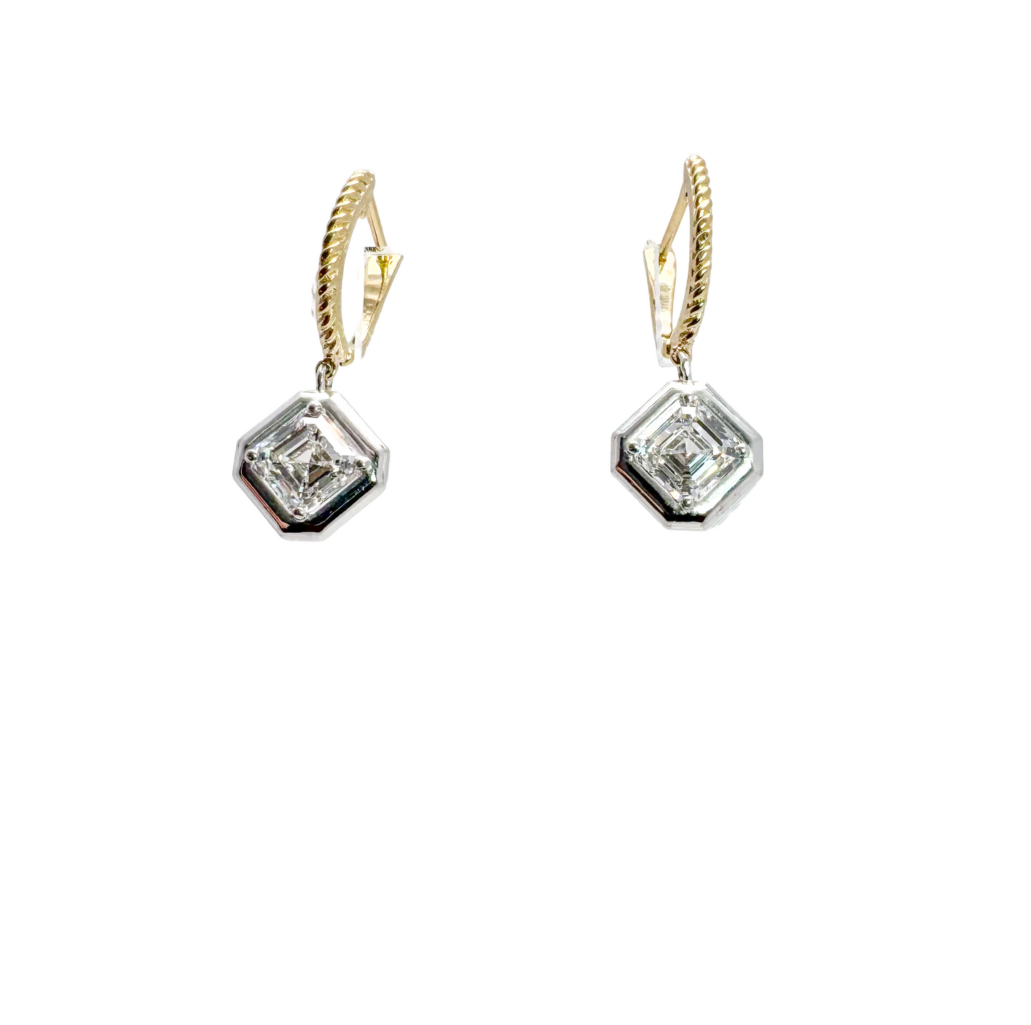 14k two tone, lab grown diamond dangle earrings.