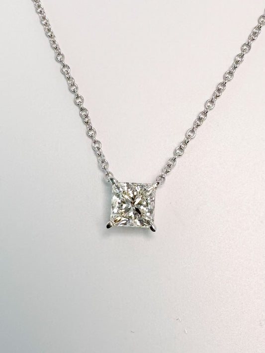 14K, white gold, princess cut lab grown solitaire diamond pendant